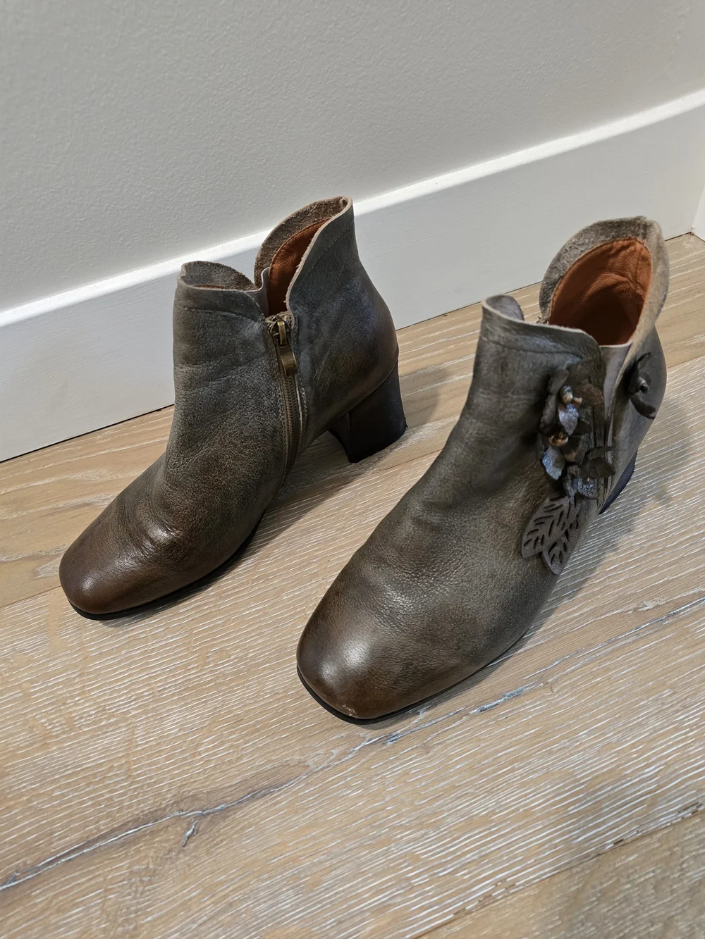 Olive Green & Brown Leather Floral Appliqué Ankle Booties